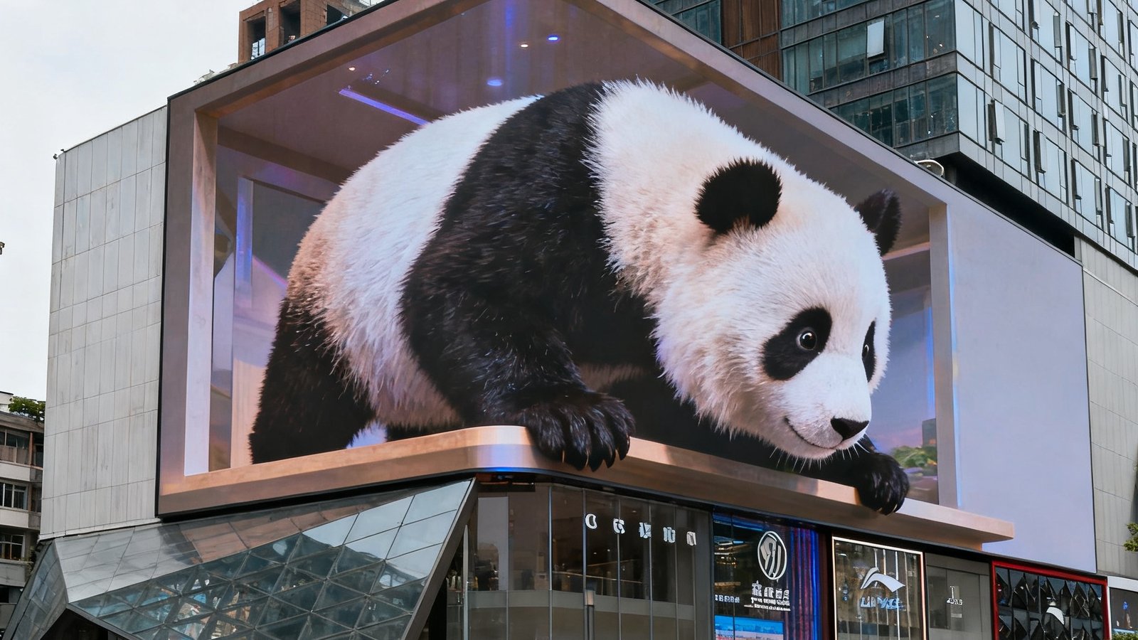 成都春熙路步行街核心位置建筑转角处的裸眼3D大屏，一只憨态可掬的大熊猫从屏幕中探出半个身子，毛发细节纤毫毕现，3D出屏效果极为逼真，屏幕下方聚集了大量举着手机拍摄的游客。