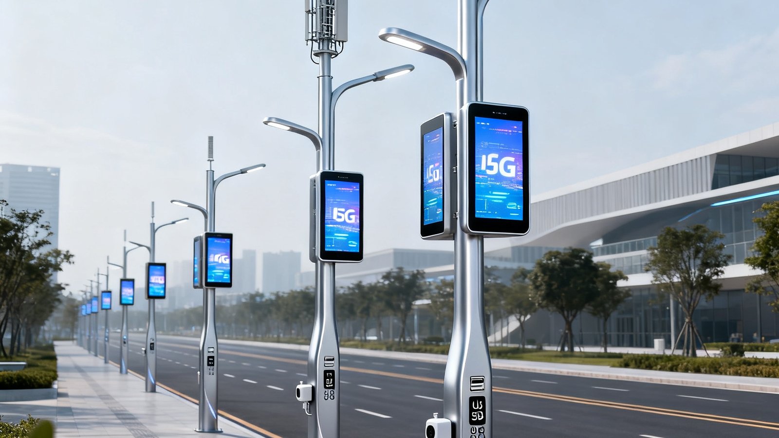 现代化智慧城市道路两侧安装的多功能智慧灯杆，顶部集成5G微基站天线，中部嵌有双面LED信息发布屏，底部配备USB充电接口和环境监测传感器，灯杆整体采用银灰色铝合金材质，设计简洁流畅。