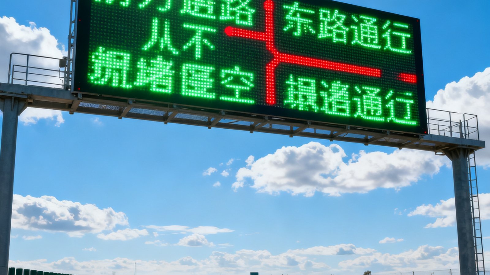 高速公路匝道口上方架设的大型LED交通诱导屏，屏幕以高亮绿色显示前方路况通畅信息，红色标记拥堵路段，面板采用防眩光设计确保强日光下清晰可读，背景是蓝天白云下的六车道高速公路。