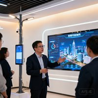 一位戴着眼镜的技术型运营总监在智慧城市展厅内向参观者介绍灯杆屏系统，展厅内灯光明亮，大屏幕上展示着城市数据看板。